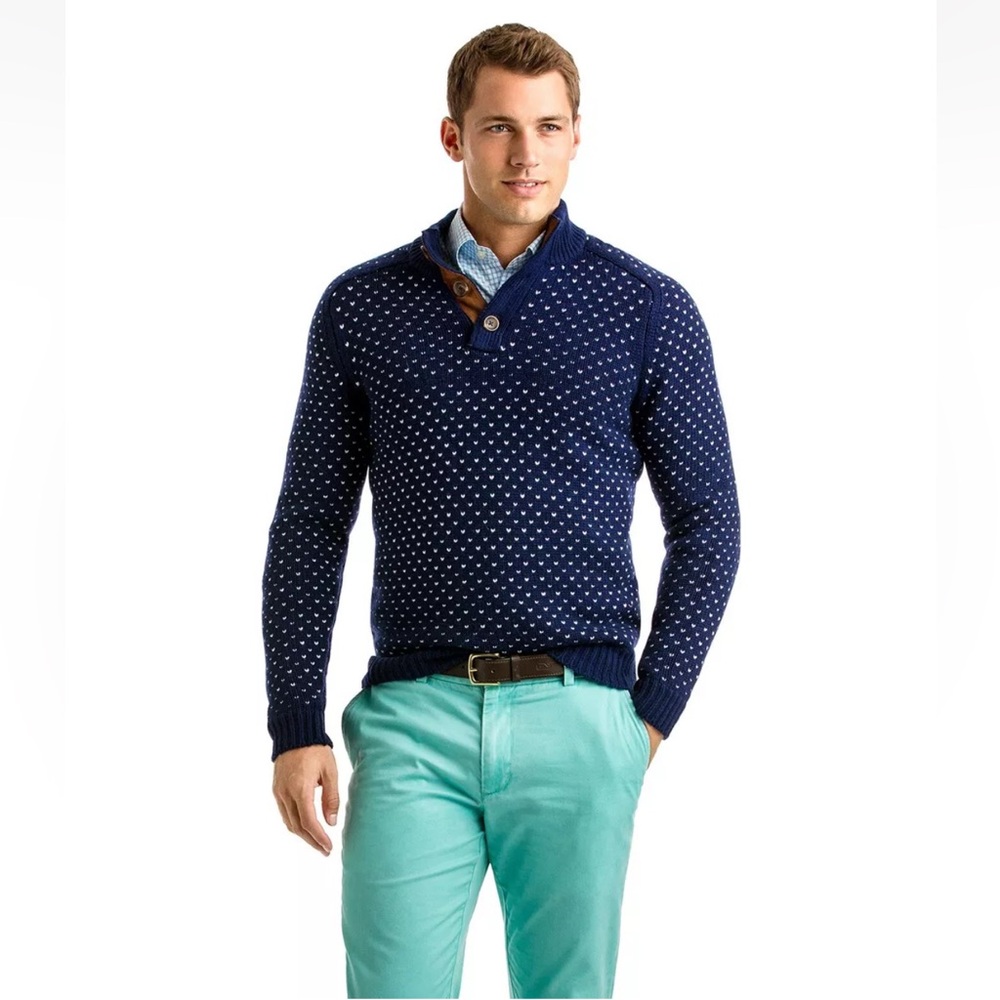 Vineyard Vines Nordic Birdseye Button Through Knit Sweater Mens XL Blue Cashmere